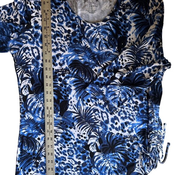Palm Grove L Blue & White Tropical Print 3/4 Sleeve Top Side Drawstring & Studs - Picture 10 of 10